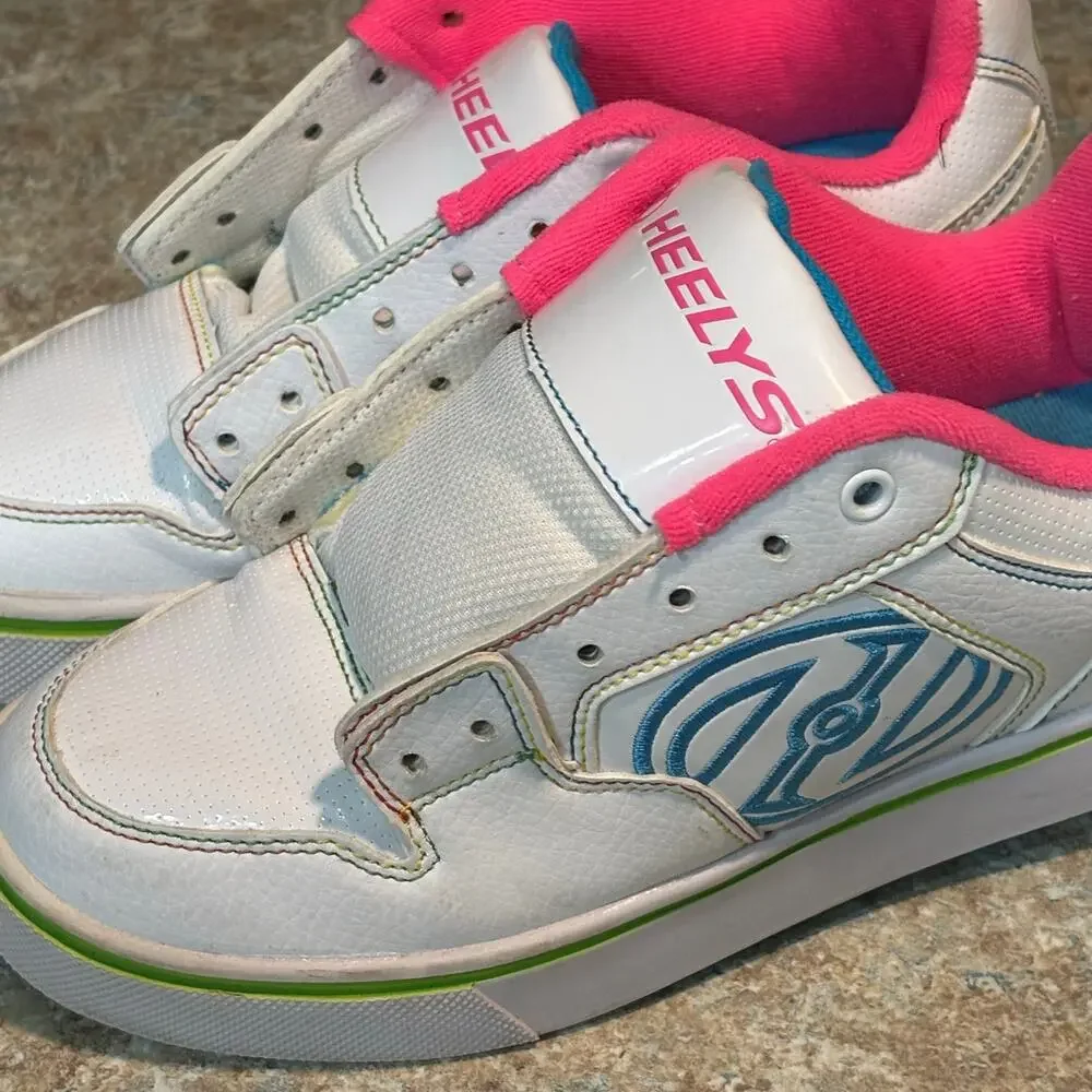 Heelys Girls Motion Plus White Pink Blue Green Roller Tennis Shoes Size 4 READ